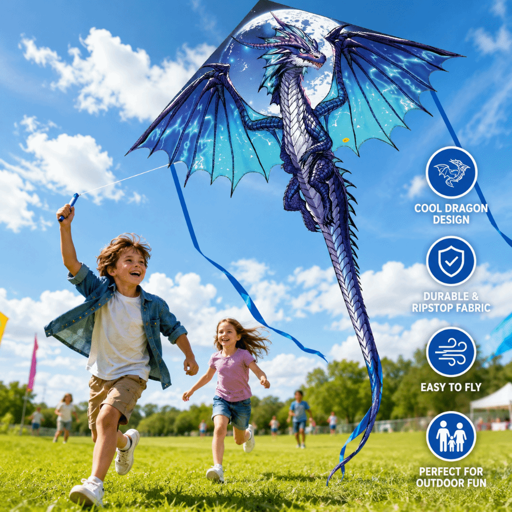 Kite Easy Fly Kids - Air Snake Blue Dragon Kite with